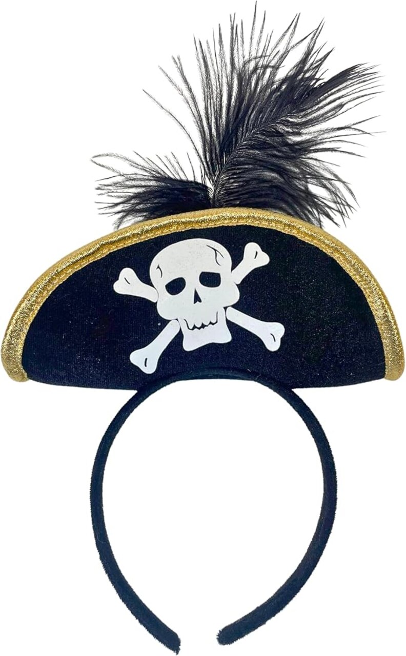 4E's Novelty Black Pirate Headband Hat for Women & Girls – Mini Pirate Hat with Skull & Feather – Halloween Pirate Costume Accessories for Adults & Kids, Caribbean Cosplay, Dress Up Party Headwear